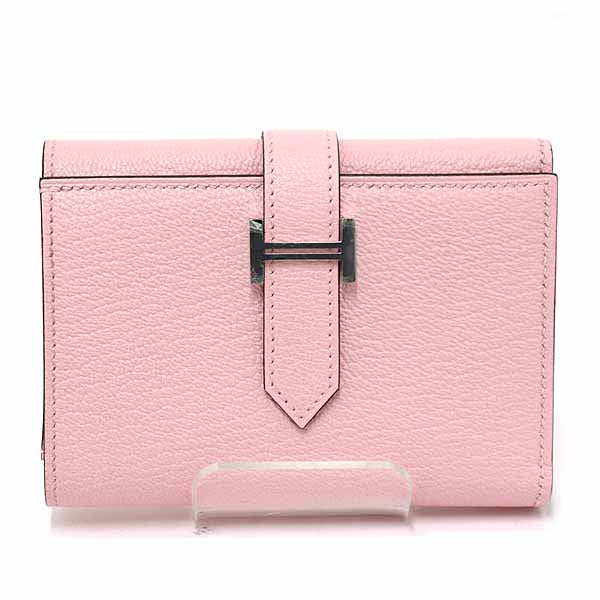 HERMES Tri-fold wallet Bean combine Chevre Leather Women Rose darling Unused