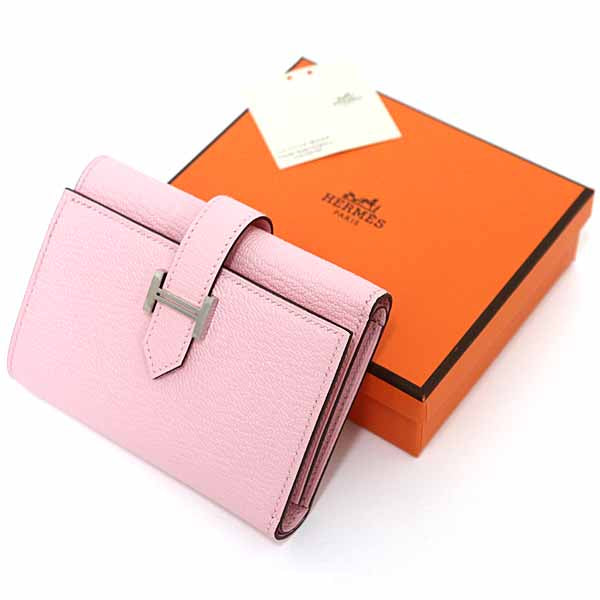 HERMES Tri-fold wallet Bean combine Chevre Leather Women Rose darling Unused