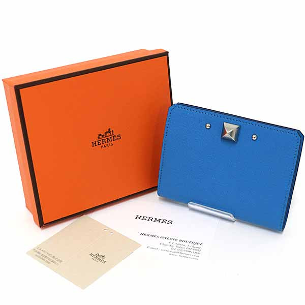 HERMES Medor studs Card Case Leather Women Blue B(2023)