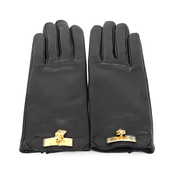 HERMES gloves Soya Kelly Lambskin leather Silk Black Women 6 1/2