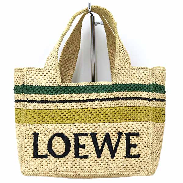 LOEWE Tote Bag Font Tote Small Raffia Stripe Natural Green Yellow