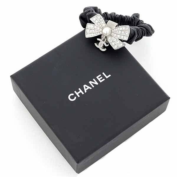 CHANEL A22P Shush COCO Mark Hair Accessory Ribbon Rhinestones Faux Pearls Black