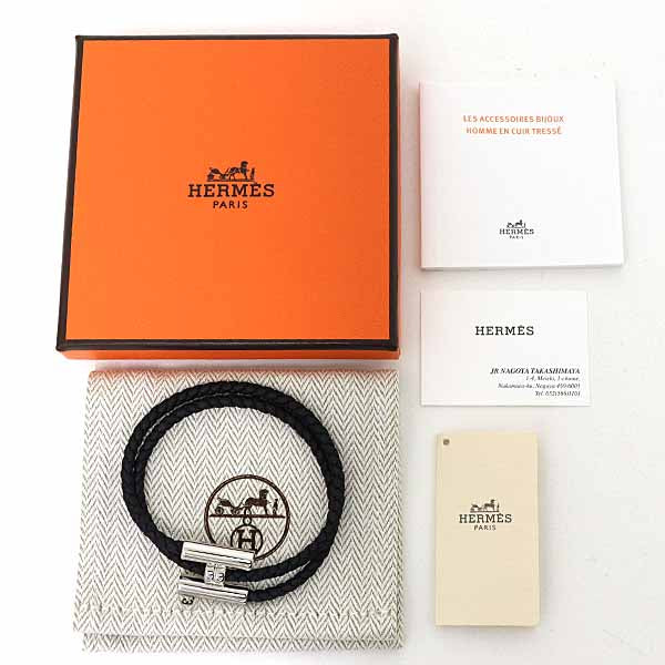 HERMES ladies bracelet Tourni Tresse leather bracelet Leather Black Women