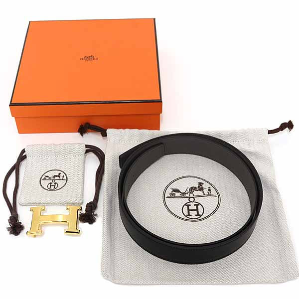HERMES belt Belt Buckle "H" & Leather Belt (Kit) 32 Box calf Black Unisex Size90