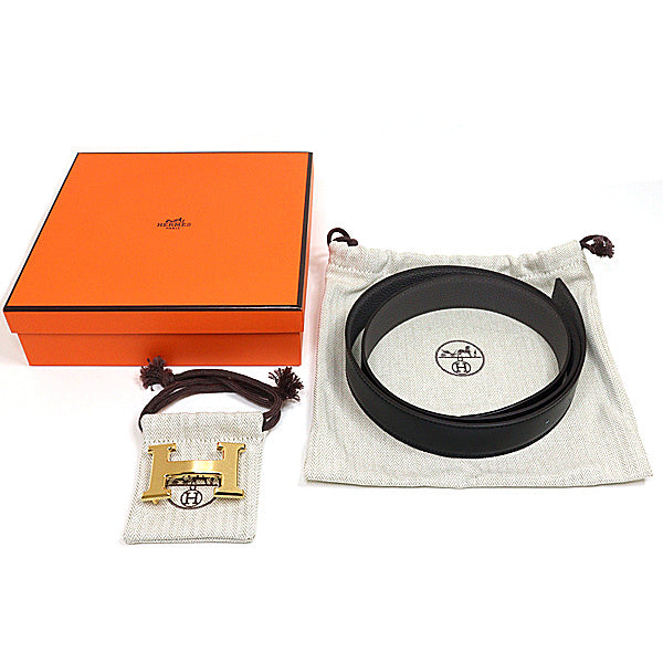 HERMES Belt Buckle H & Leather Belt 32 Togo Black/Gold Men Size95