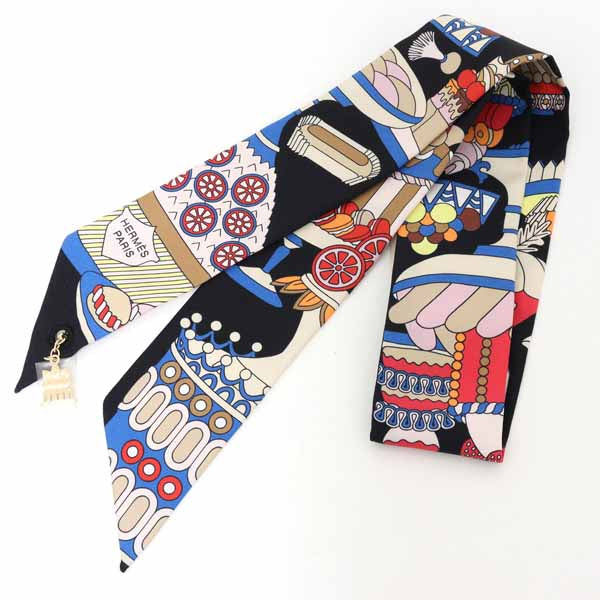HERMES Silk Scarf Twilly Charm La Pâtisserie Française 853336S Noir/Blanc/Blue