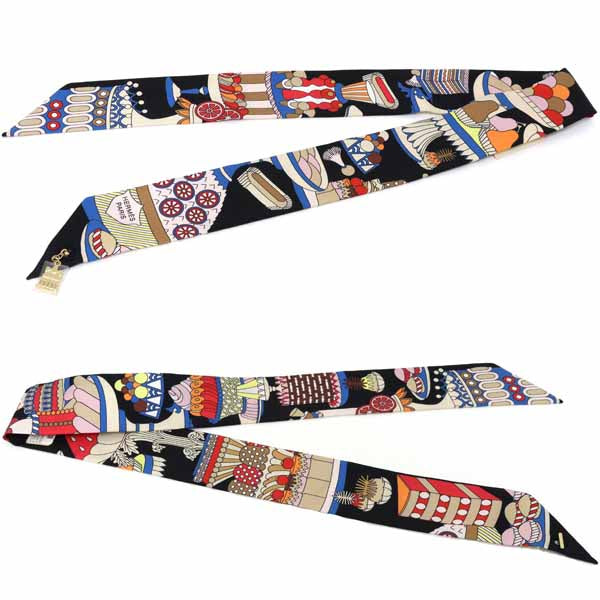 HERMES Silk Scarf Twilly Charm La Pâtisserie Française 853336S Noir/Blanc/Blue