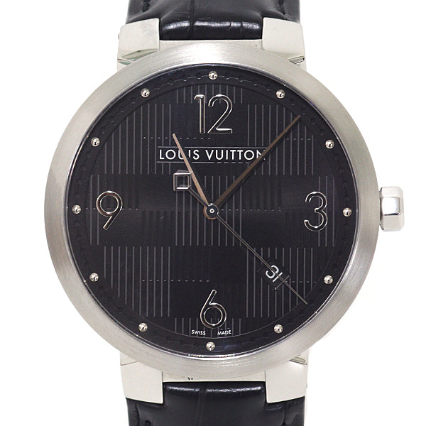 LOUIS VUITTON Q1D00 Tambourg Damier Men Wrist Watch Black 60g SS/leather