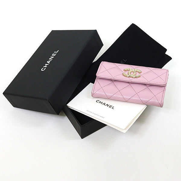 CHANEL Matelasse Card Case Wallet Caviar skin Leather pink/Gold HW Women 64g