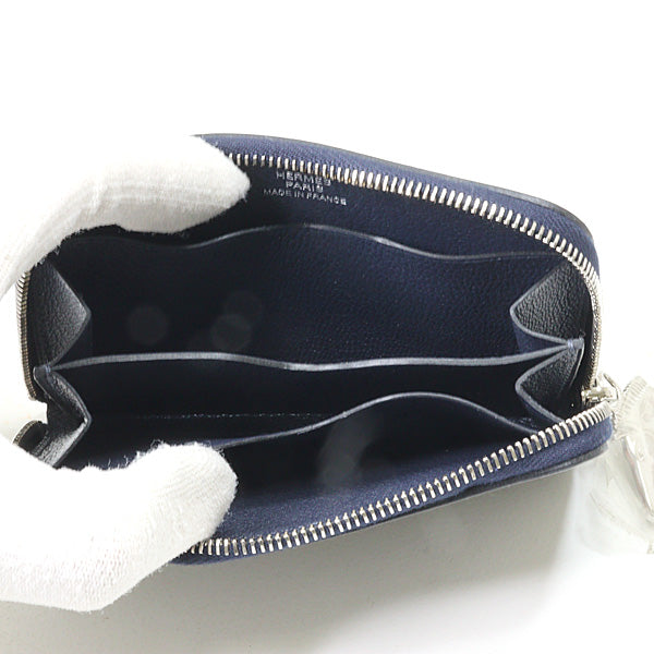 HERMES Card Case Zip Ango Cheval coin purse Evercolor Bruny(Blue) 62g