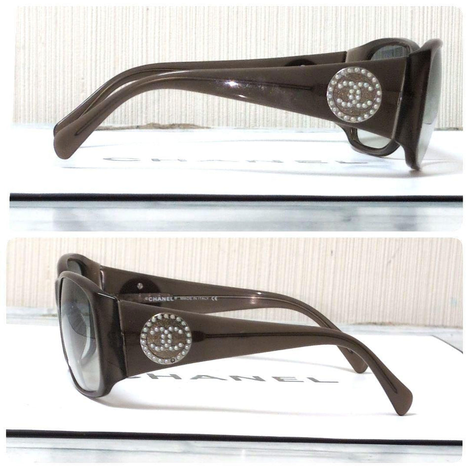 CHANEL Sunglasses Brown CC Logo Rhinestones Gold-tone Hardware Wellington Style
