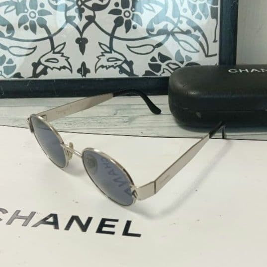 CHANEL Sunglasses Silver Black Round Frames Authenticated