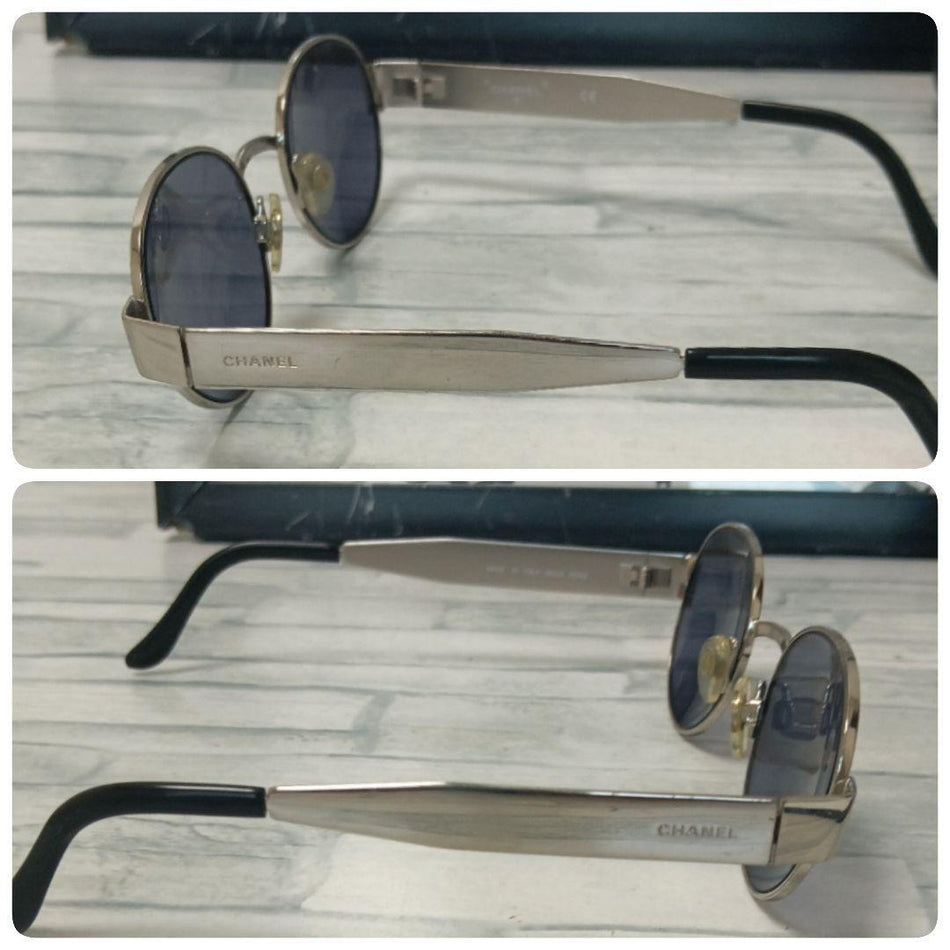 CHANEL Sunglasses Silver Black Round Frames Authenticated