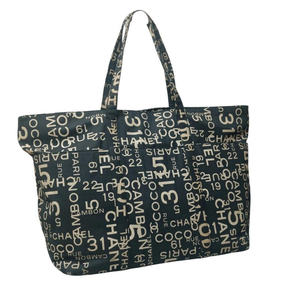 CHANEL Tote Bag Shoulder Bag Black & White Canvas All-over Logo Print
