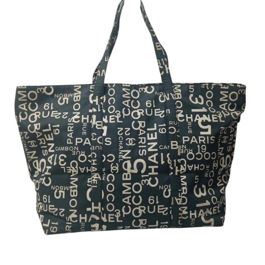 CHANEL Tote Bag Shoulder Bag Black & White Canvas All-over Logo Print