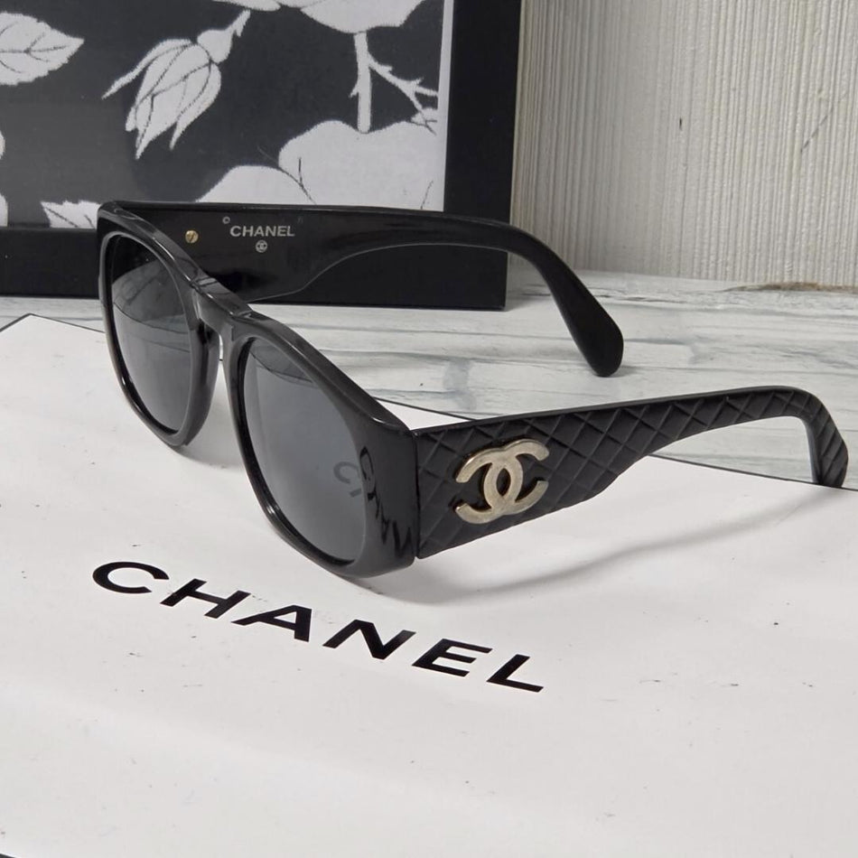 CHANEL Sunglasses Black CC Logo Gold-Tone Hardware Wayfarer Style Quilted
