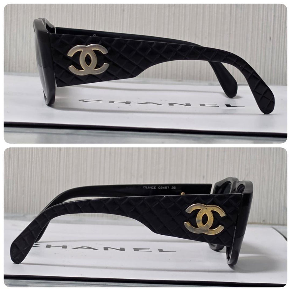 CHANEL Sunglasses Black CC Logo Gold-Tone Hardware Wayfarer Style Quilted