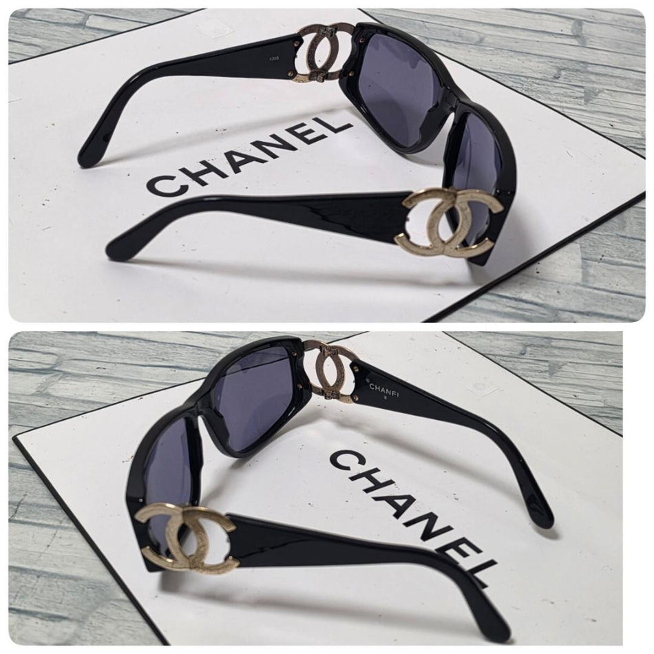 CHANEL Sunglasses Black Gold-Tone Hardware Wayfarer Style with CC Logo