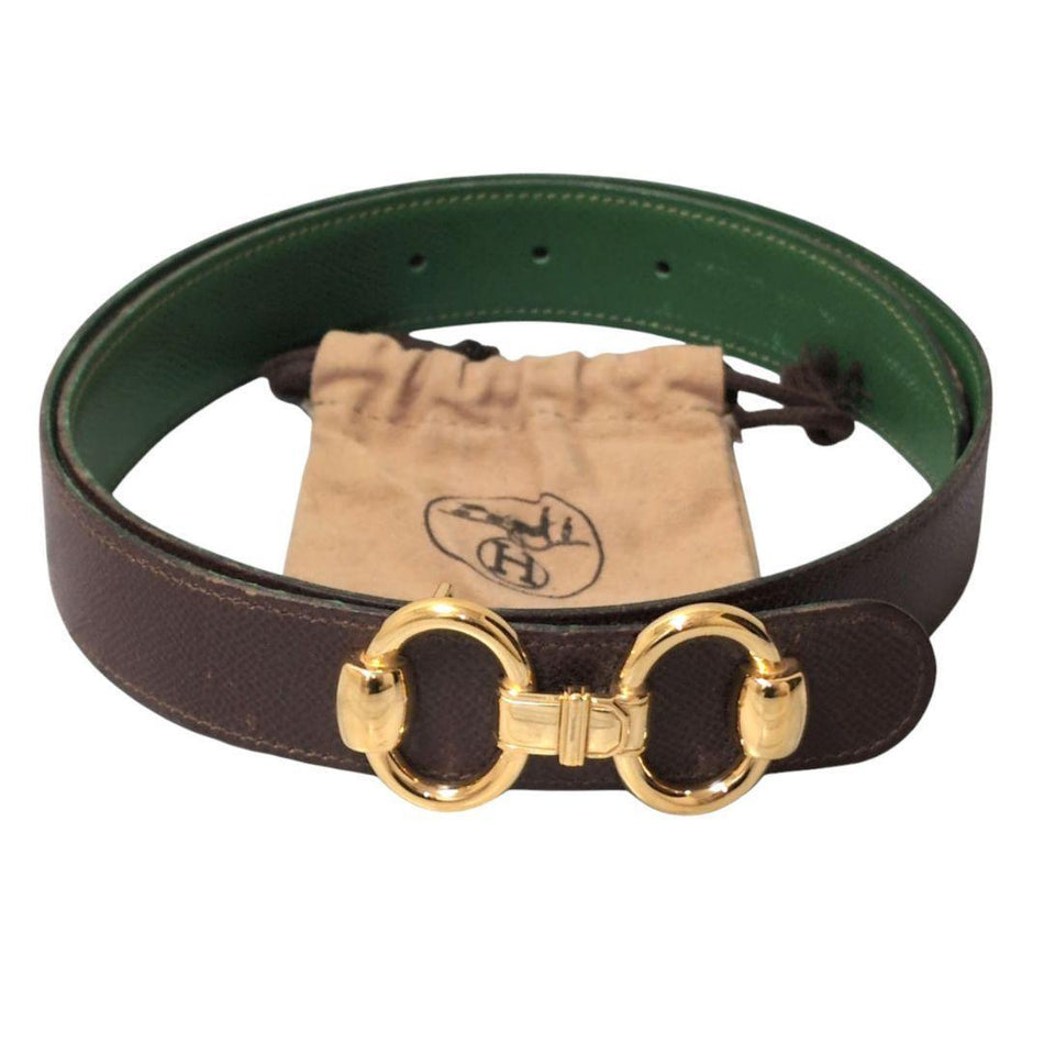 Hermes Men's Belt Horsebit Gold-Tone Hardware Brown・Green Reversible