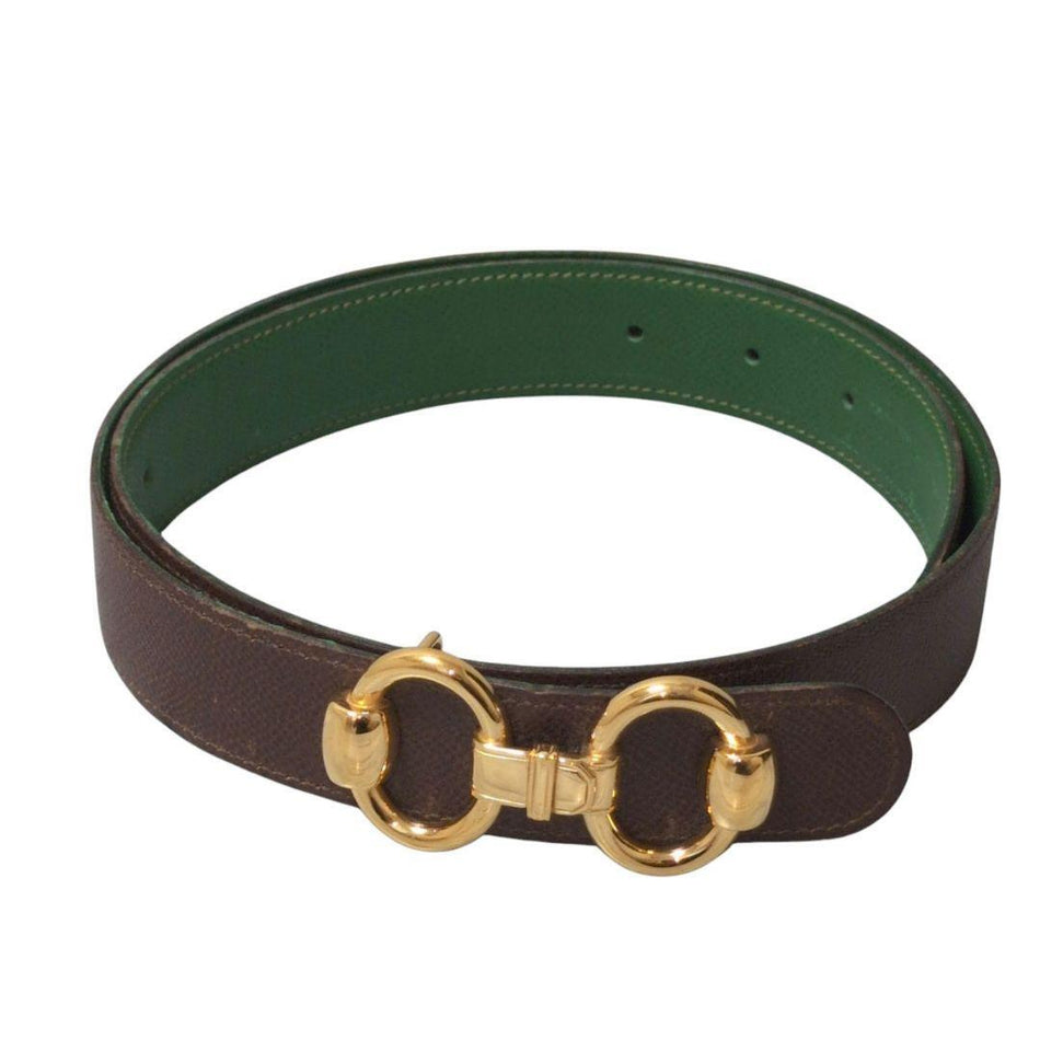 Hermes Men's Belt Horsebit Gold-Tone Hardware Brown・Green Reversible