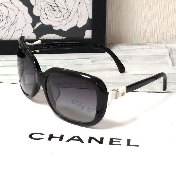 CHANEL Sunglasses Black Ribbon CC Logo Silver Hardware Wayfarer Style