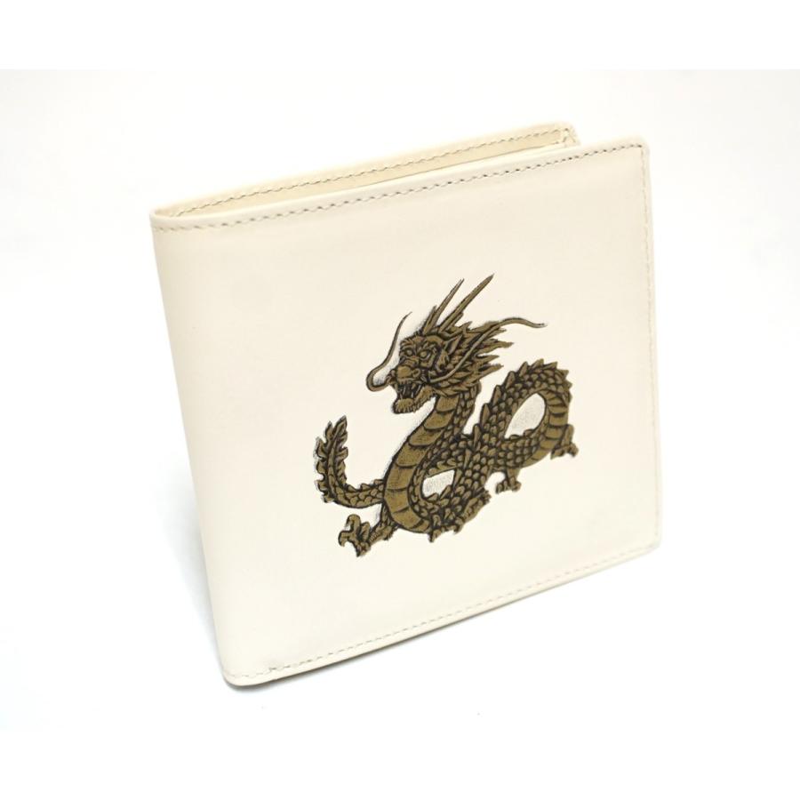 FORTUNE DRAGON Billfold Wallet Emboss Leather White Master Craftsmanship