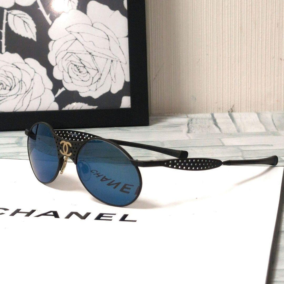 CHANEL Sunglasses Black Gold-Tone Hardware Round Style Perforated Temples