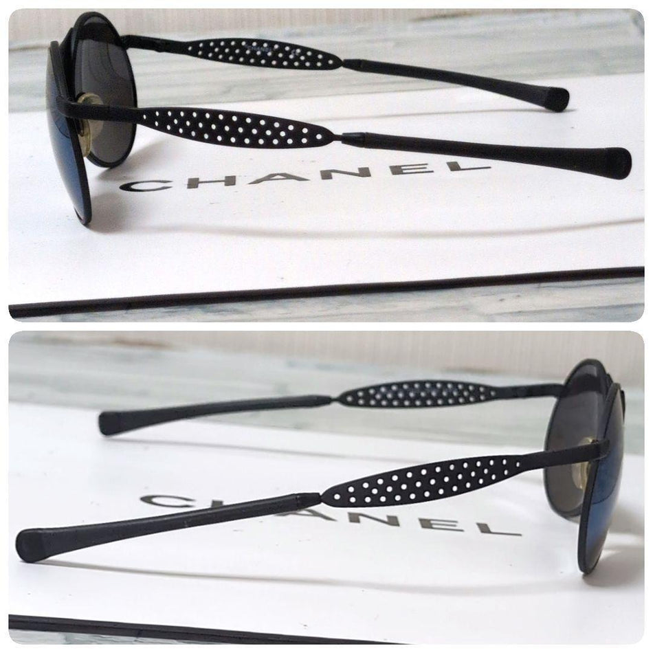 CHANEL Sunglasses Black Gold-Tone Hardware Round Style Perforated Temples